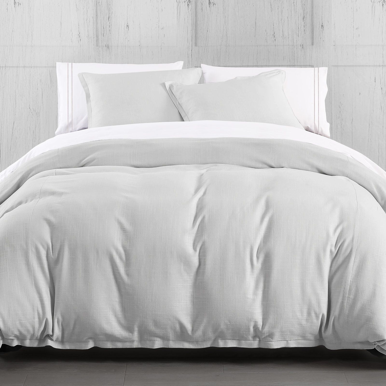 Hera Washed Linen Flange Modern Rustic Classic Chic Duvet Cover Set, King Duvet Cover + 2 King Shams, Light Gray