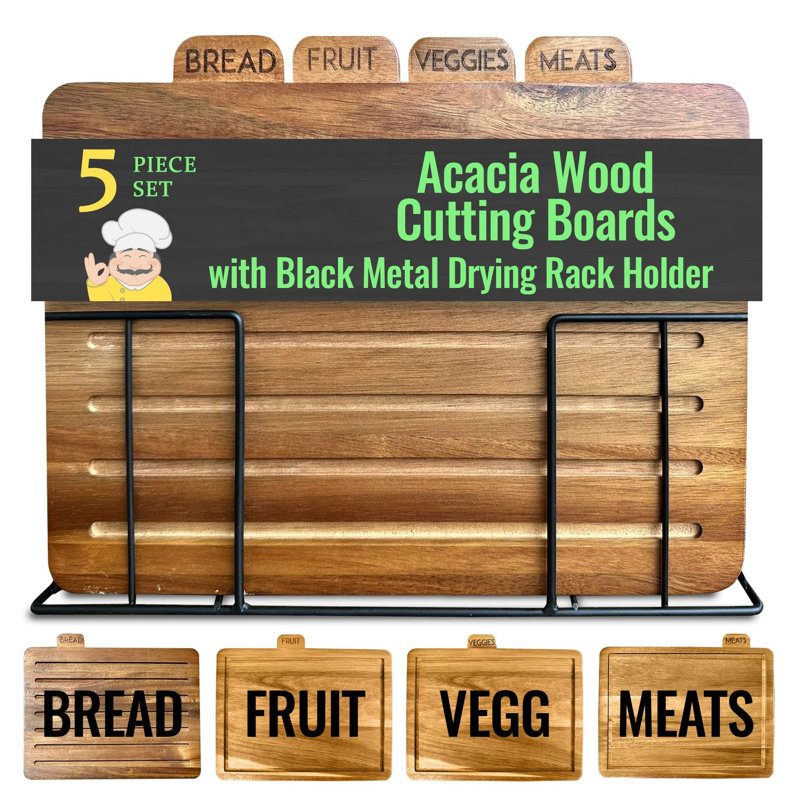 Acacia Wood Rectangular Cutting Board Set with Black Stand