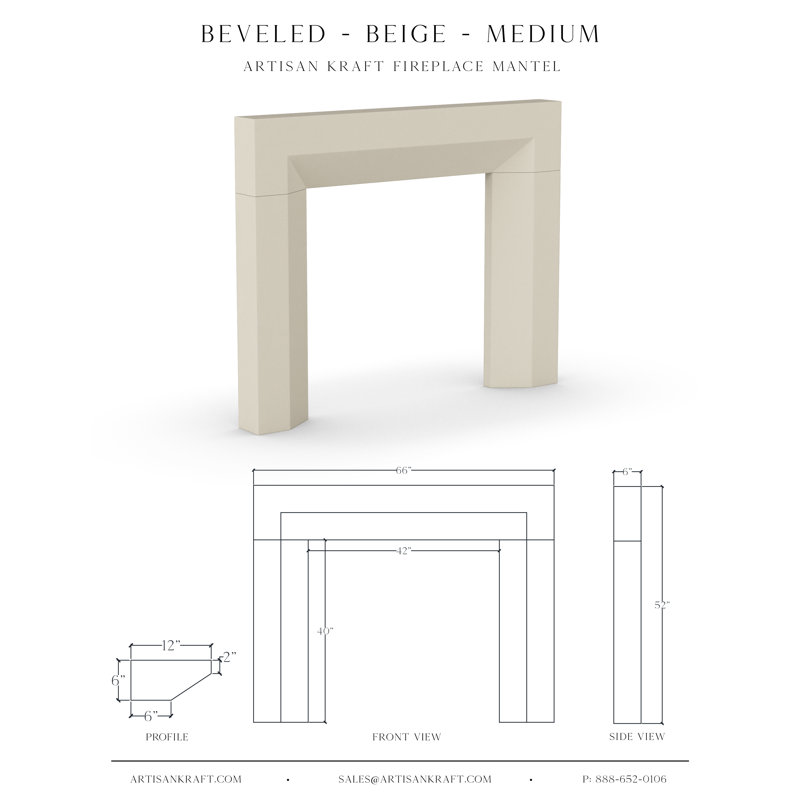 Encadrement de cheminée biseauté en pierre, Beige, H 52 po x l 66 po x P 6 po