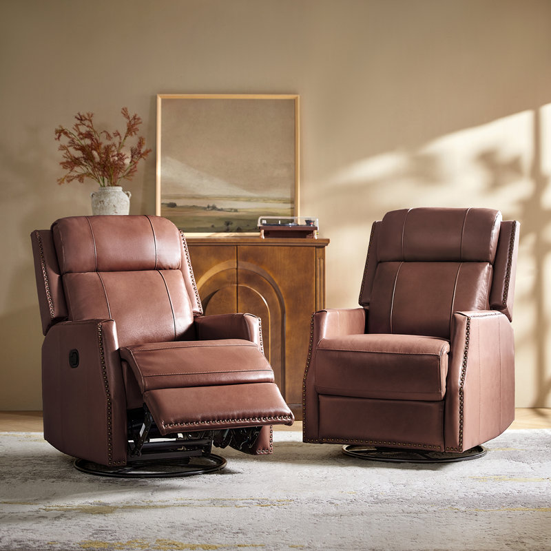 Hugh Genuine Leather Manual Swivel Recliner Set Of 2, Brown
