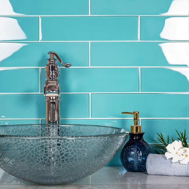 3'' x 12'' Glass Subway Wall Tile, Aqua
