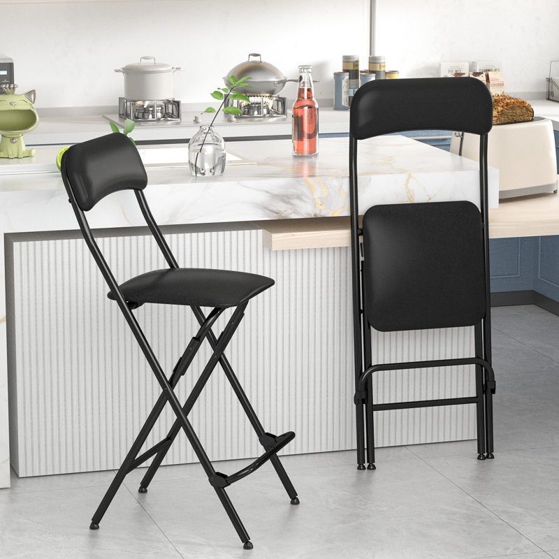 Upholstered Padded Folding Bar Stools with Footrest, Black