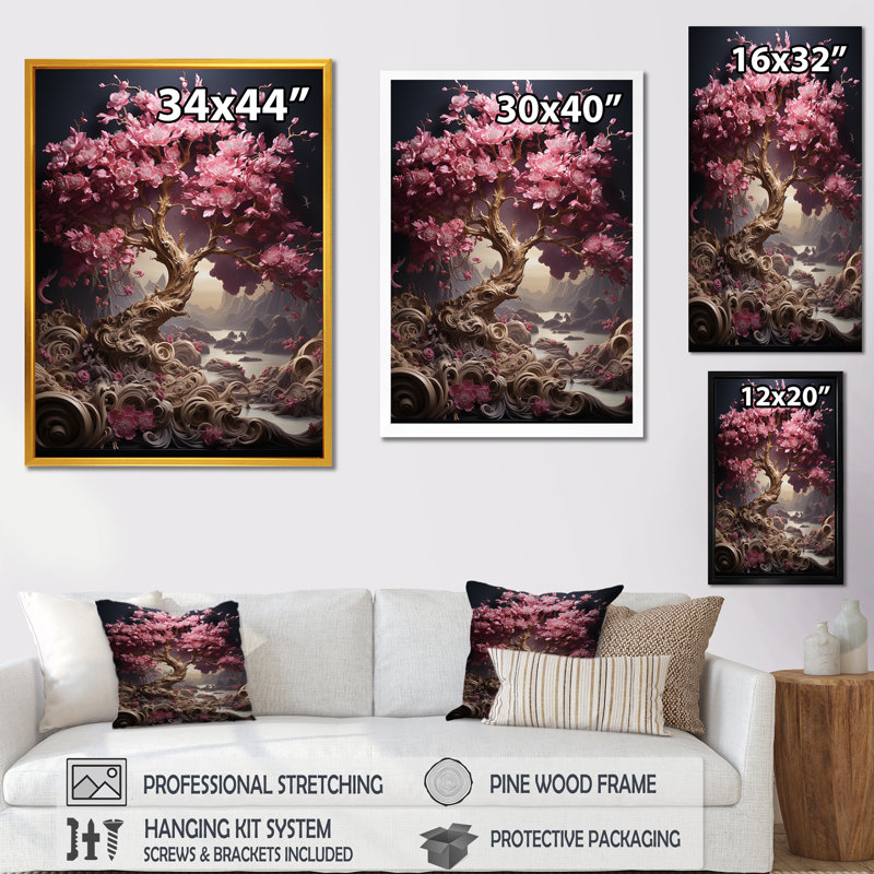 Orchidée rose jardin de branches III - art mural cerisier en fleurs, Cadre flottant doré, H 20 po x l 12 po x P 1 po