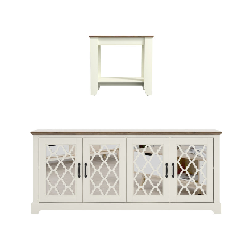 Weddel Basilico Transitional Set Of 2 Living Room Media Furniture, Ivory, Knotty Oak