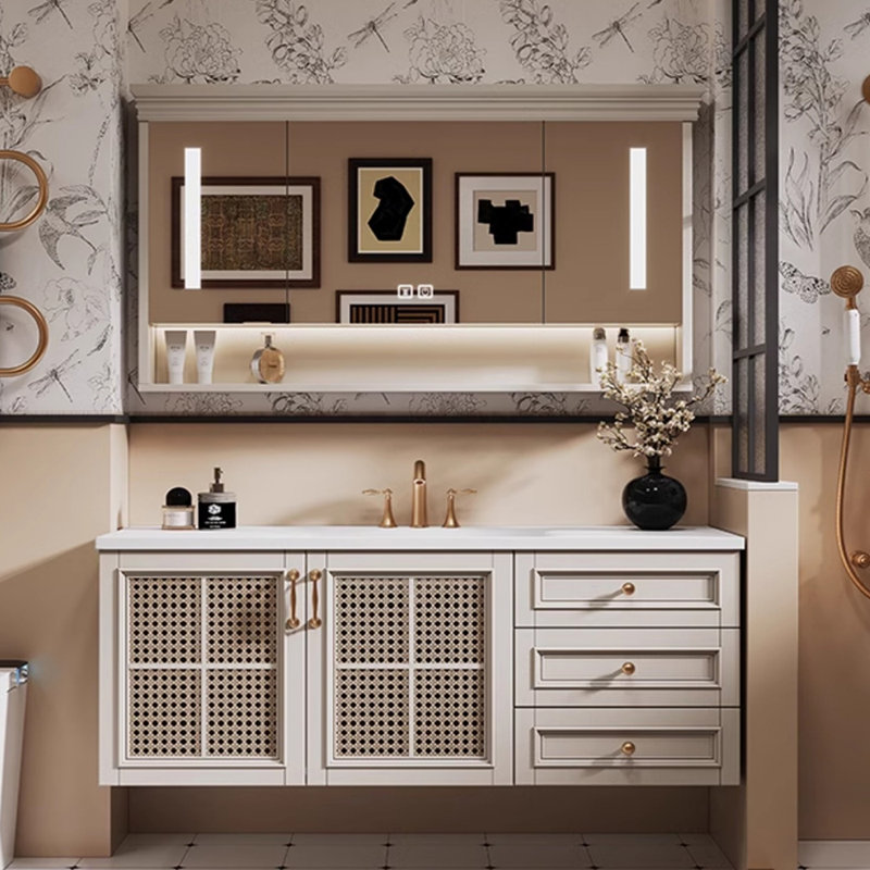 Armoire de salle de bain rétro de style médiéval, Blanc cassé
