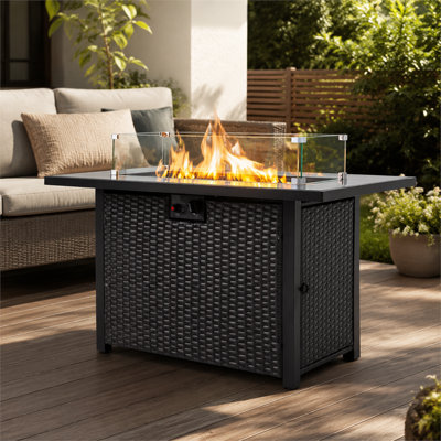 Foyer de table rectangulaire au propane 2-en-1, chauffe-terrasse extérieur de 50 pouces BTU de 44 pouces avec pare-vent en verre, table de feu multifonctionnelle pour rassemblement de fêtes dans la cour arrière