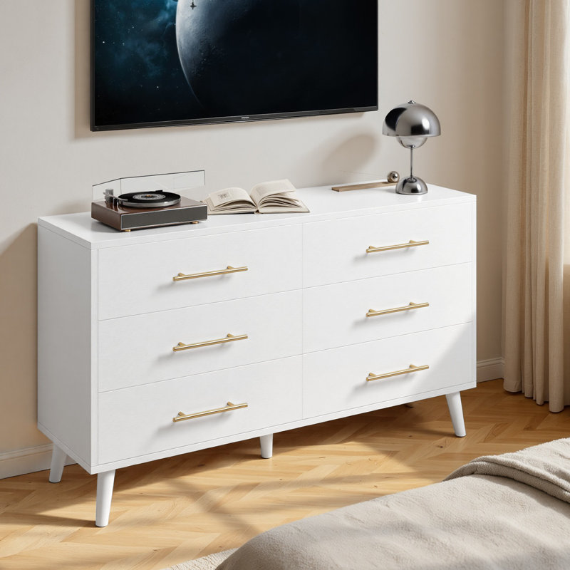 47.5''W 6-Drawer Double Dresser with metal handles，storage cabinet, White