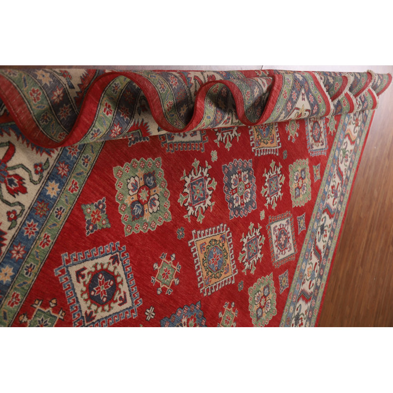Tapis rouge en laine noué à la main de conception unique 8 pi 11 po x 11 pi 9 po New Age