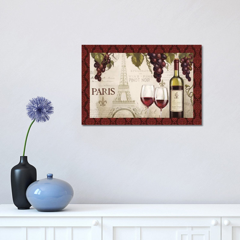 Wine in Paris, Damask Border 1 Piece Wrapped Canvas Painting, 30.48 cm H x 45.72 cm W