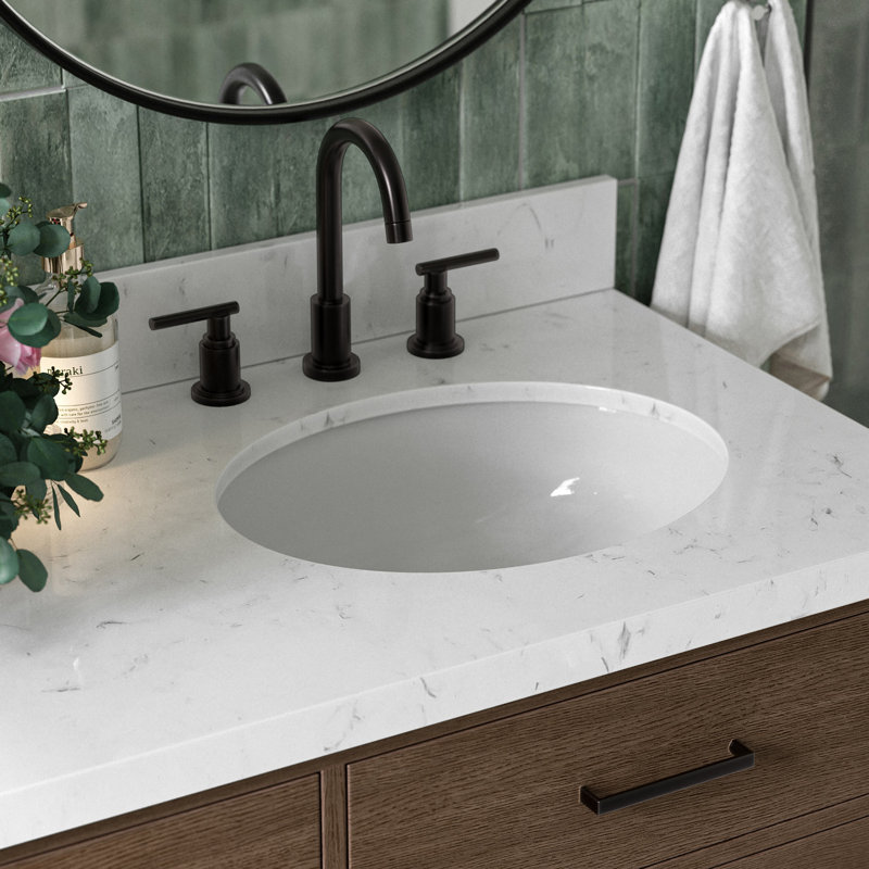 Meuble-lavabo double en bois massif Thornaby avec plateau en quartz Carrara de 1,5 po, Ovale, Chêne brun / noir mat