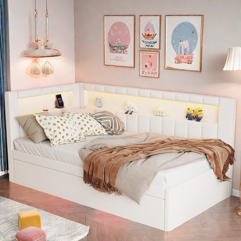 Smera Upholstered Platform Bed with USB Ports, LED Belt and Trundle, White