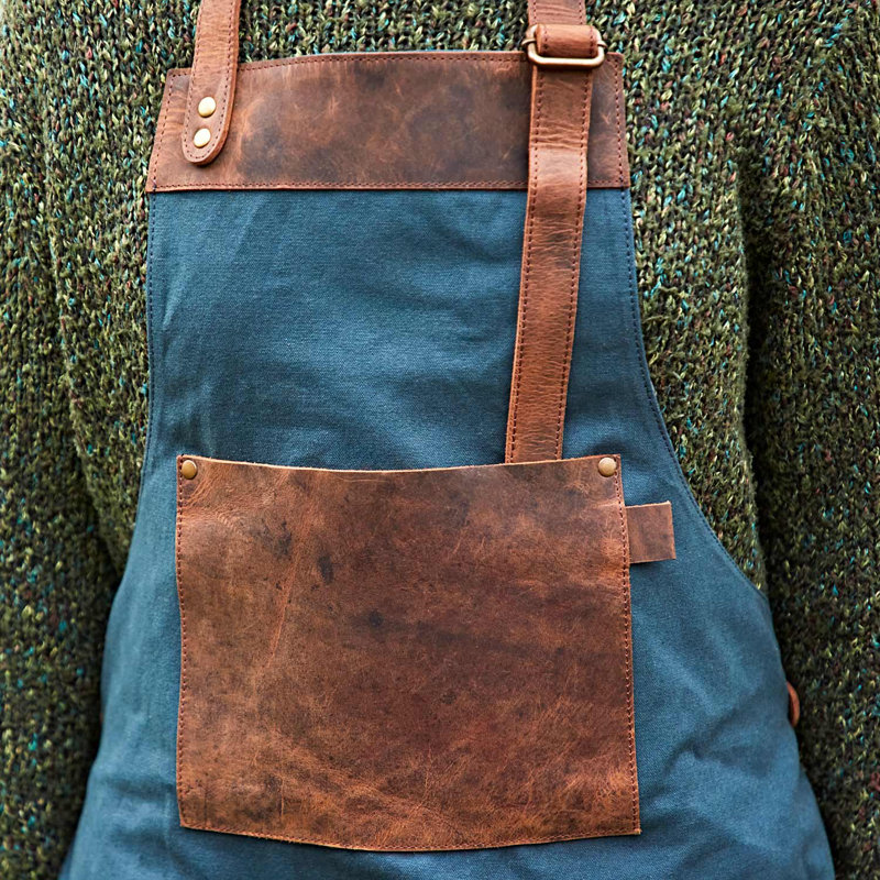 Canvas and Buffalo Leather Apron, Brown/Blue