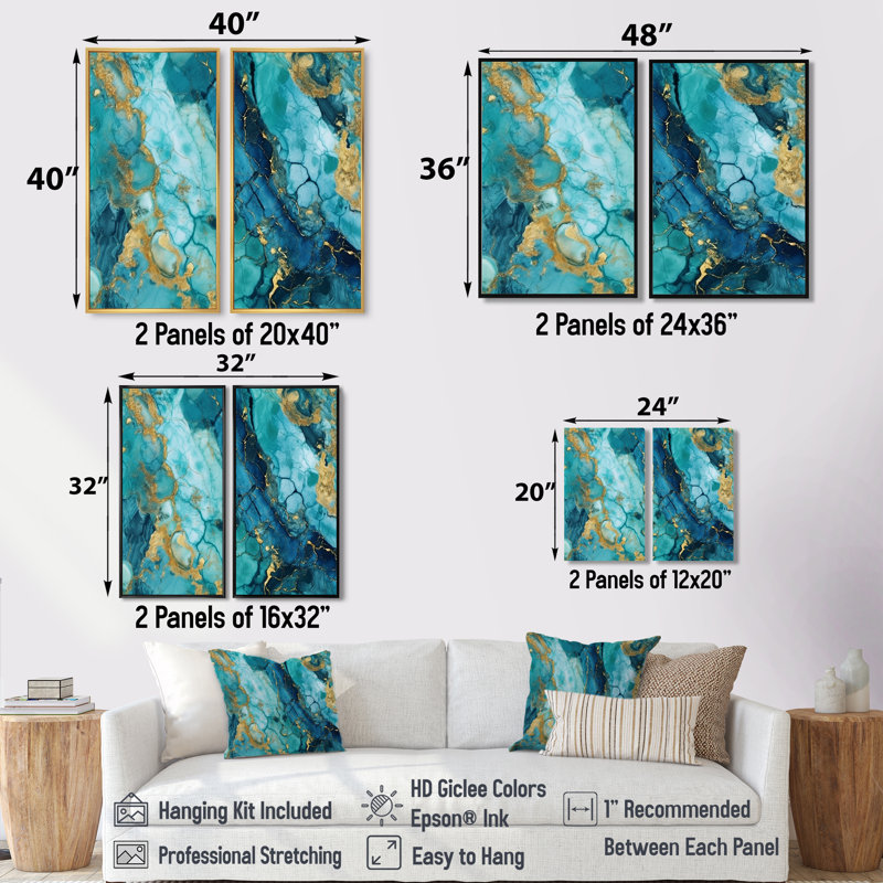 Turquoise luxueux, art fluide abstrait VII - art mural abstrait 2 panneaux, H 36 po x l 48 po, Impression encadrée flottante