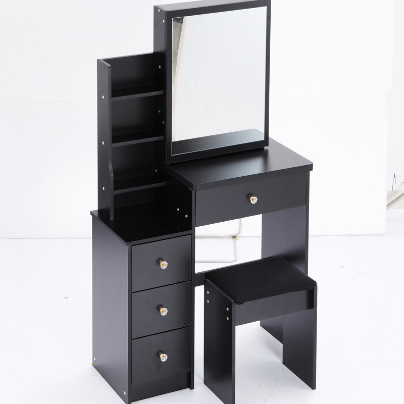 Meuble-lavabo noir avec tabouret rembourré et très grand miroir, Noir