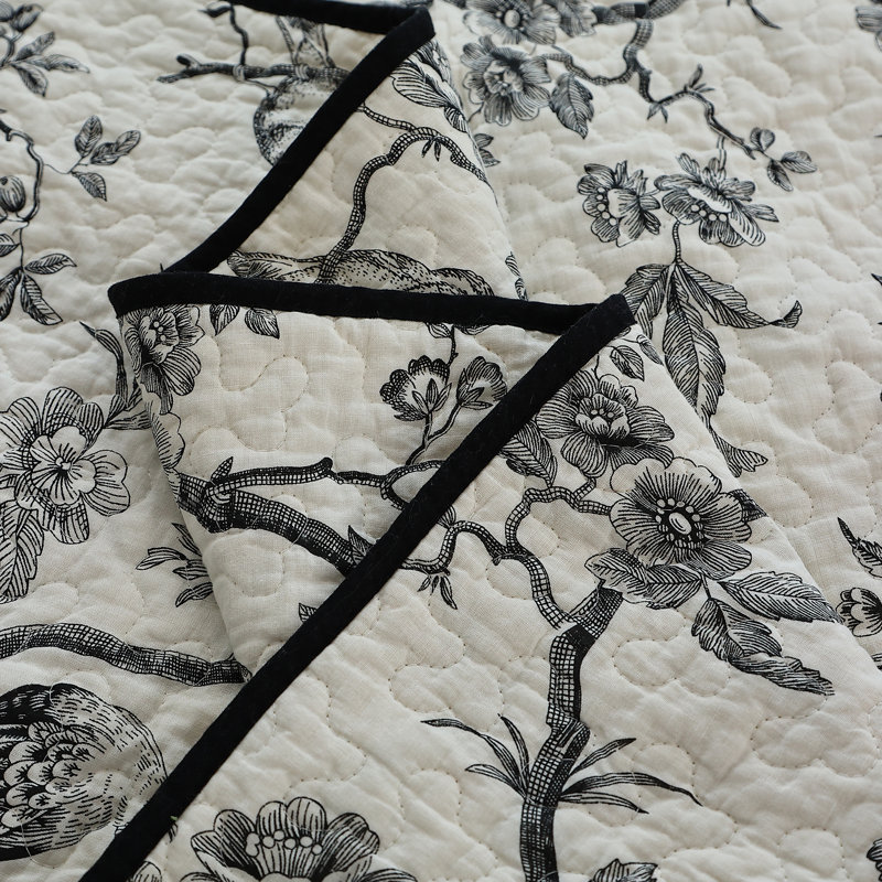  Ensemble de literie 100% coton à imprimé floral noir, Courtepointe très grand + 2 très grandes taies d