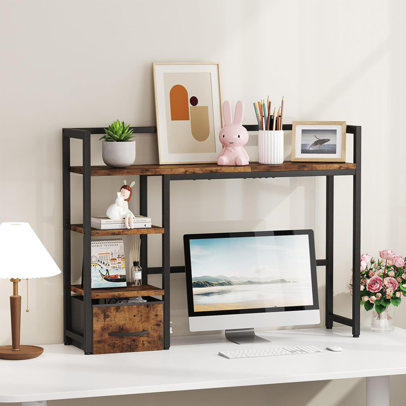 Desk Shelf with Drawer, 40" Desk Hutch for Computer Monitor,Black, Brown
