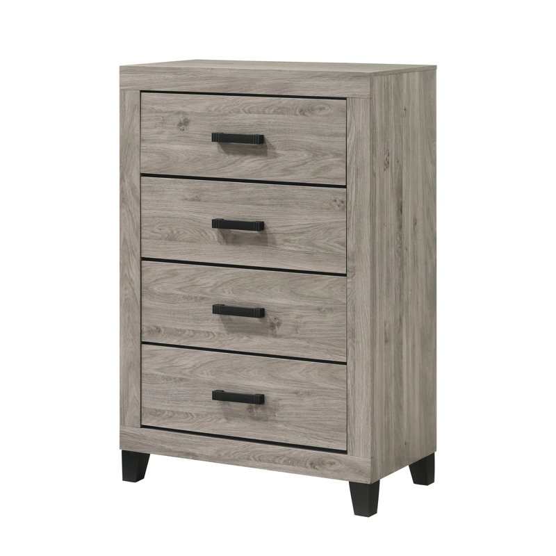 Ensemble de chambre à coucher grand lit en bois gris patiné avec tête de lit à chevrons, commode, miroir et commode, Grand