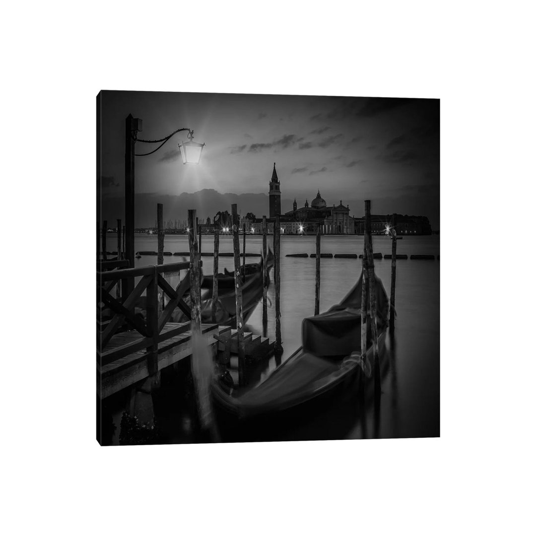 Venice Gondolas During Blue Hour | Monochrome by Melanie Viola - Wrapped Canvas Print