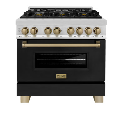 Zline Autograph Edition 36"" 4.6 Cu. Ft. Dual Fuel Range With Gas Stove And Electric Oven In Stainless Steel With Black Matte Door And Champagne Bronze -  RAZ-BLM-36-CB