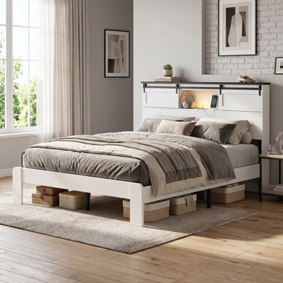 Base de lit grand style campagnard avec lumières DEL et station de charge, tête de lit avec porte de grange - lit plateforme d'une capacité de 1000 lb, aucun sommier nécessaire