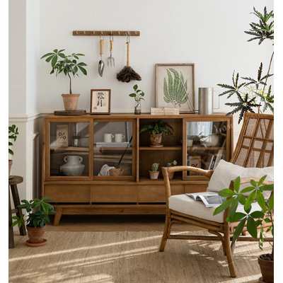 Wabi-sabi Style Fir Wood & Glass Sideboard