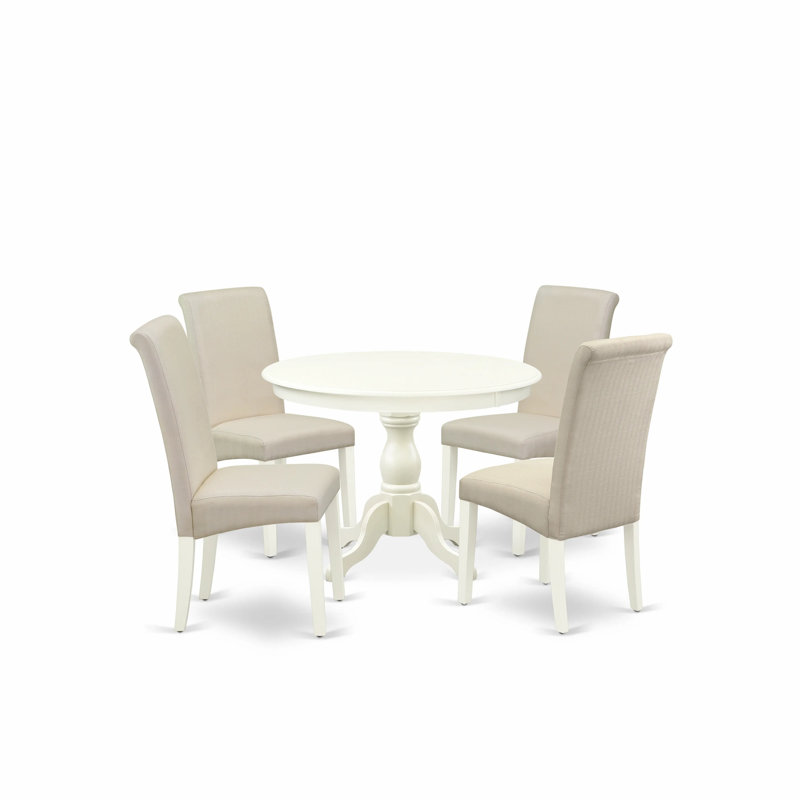 Karmakar Rubberwood Solid Wood Dining Set, Linen White, 5 Pieces, 30" H x 42" W x 42" D