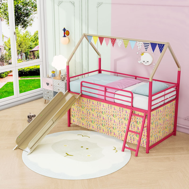 Twin Metal House Loft Bed With Slide And Ladder, Gold/Red
