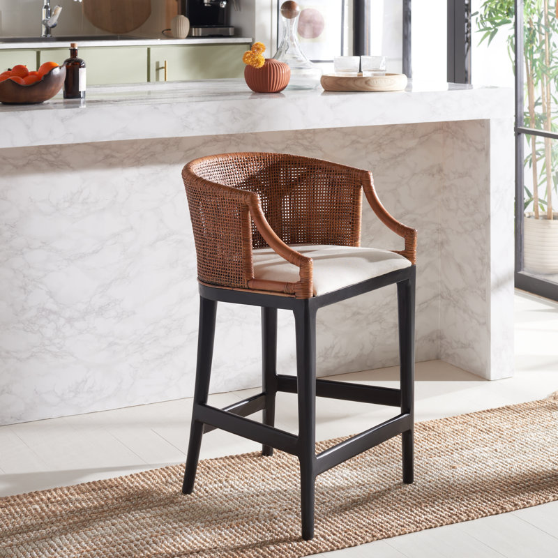 Carneshia Upholstered Solid Wood Counter Stool, Brown/White Seat/Black Frame