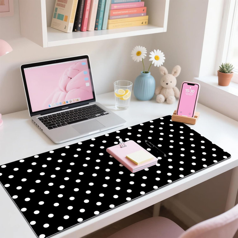 Mignon tapis de souris de jeu blanc à pois noir, tapis de bureau en cuir antidérapant, grand tapis de bureau pour ordinateur portable 35,4 po x 15,7 po