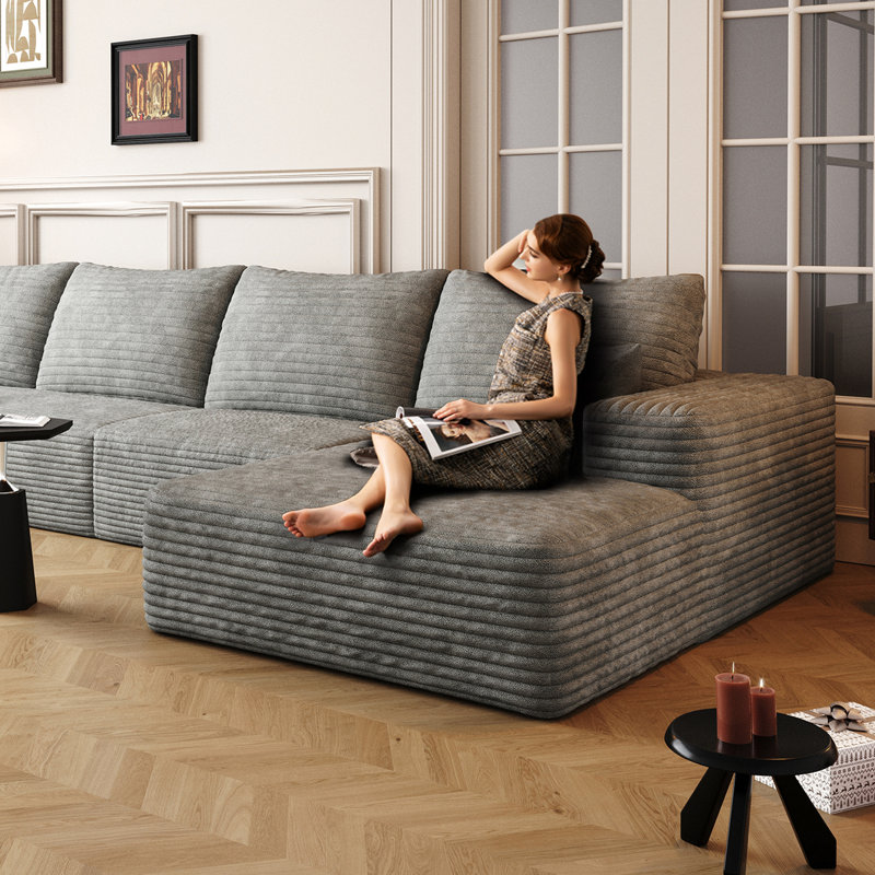 107 po, méridienne en L, moderne, modulaire, nuage, gris, velours côtelé, polyvalente, confortable, idéale pour une chambre à coucher