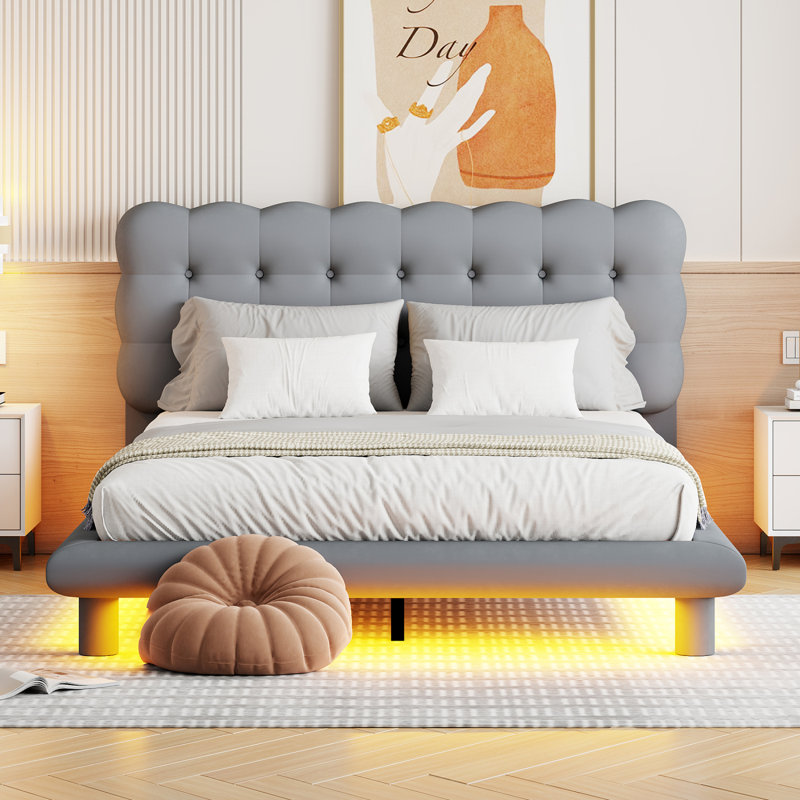 Lit plateforme en velours, tissu épais et doux et tête de lit capitonnée, Double, Gris
