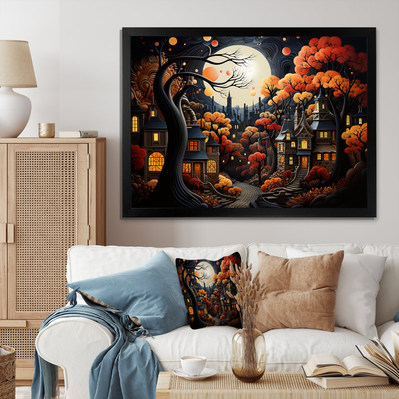Cozy village in Autumn Moonlit IV - Art mural art déco urbain, Cadre d'angle fermé noir, H 12 po x l 20 po x P 1 po