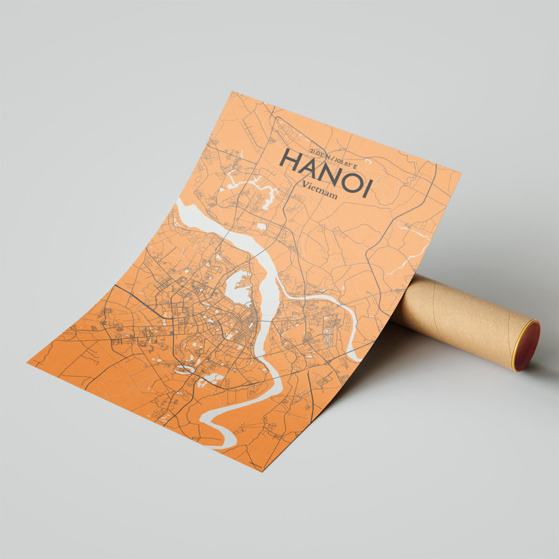 Hanoi, carte de la ville, impression, H 17 po x l 11 po, Orange et gris