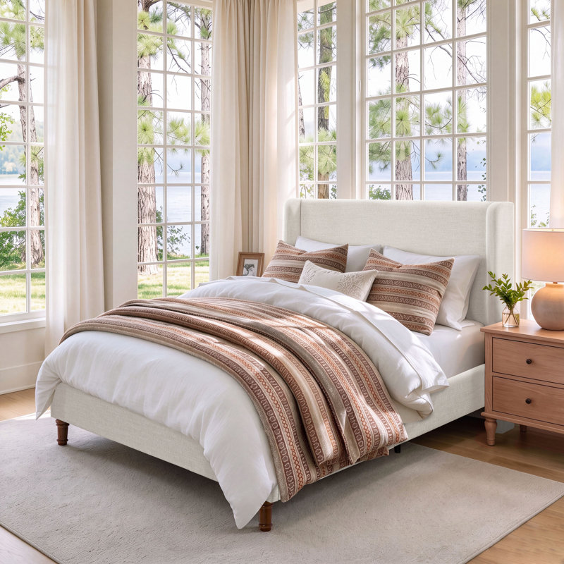 Mozter Upholstered Wingback Platform Bed, King, Ivory Canvas