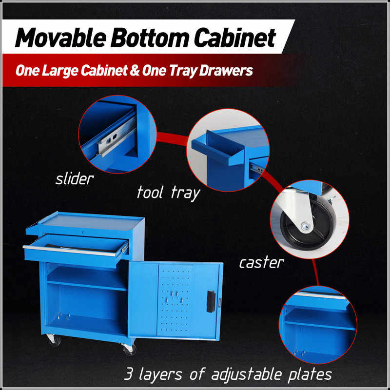 Coffre à outils à 5 tiroirs avec coffre supérieur amovible, roulettes verrouillables et tablette réglable pour le garage et l'atelier