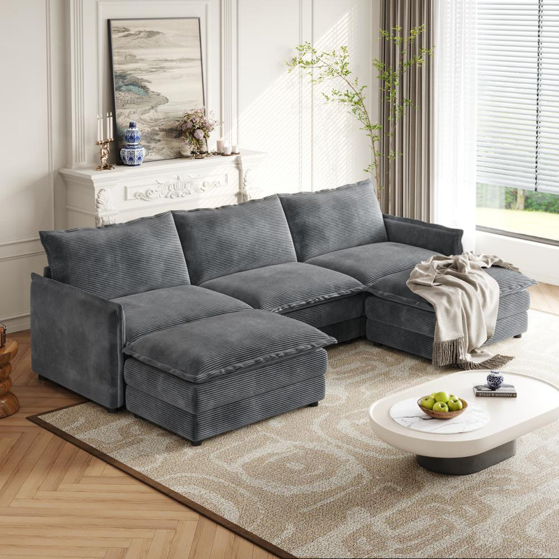 109'' Upholstered Sectional Sofa with Ottoman, Gray