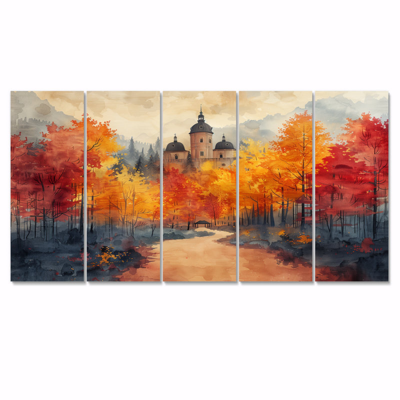 Orange orange rouge, château en France II - Châteaux, ensemble d'art mural, H 32 po x l 80 po