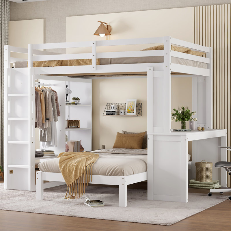 Bunk Bed With olid Wood Frame With Built-In Shelves And Wardrobe, White, Queen over Twin