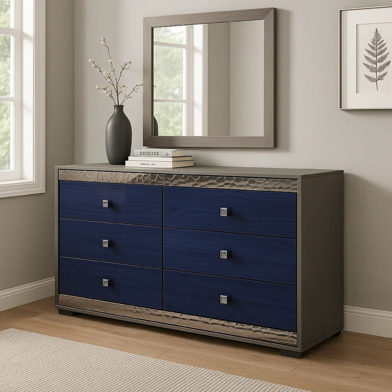 Commode 6 tiroirs Cote, gris cendré, bois massif bleu indigo, chrome