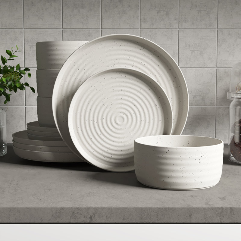Service de table en grès 12 pièces, service pour 4 - assiettes et bols texturés, blanc cassé moucheté