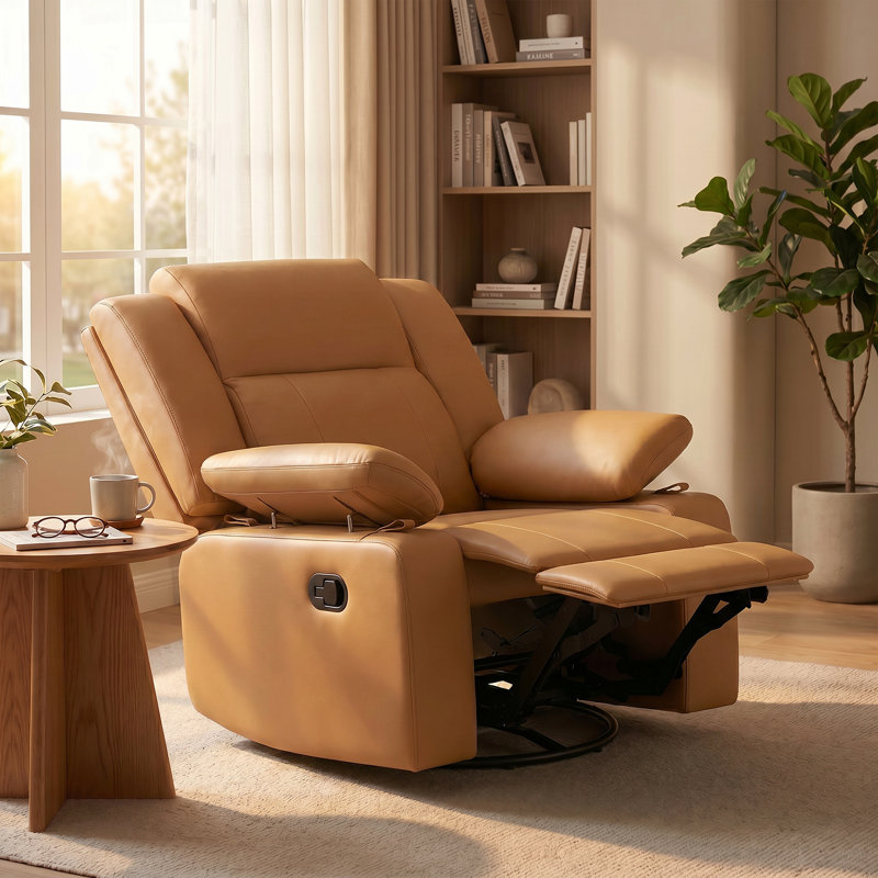 34”W Upholstered Swivel Reclining Rocking Chair, Brown