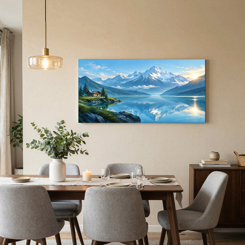 Toile enneigée, montagnes et cabane reflétée dans un lac bleu, art mural, 40"W x 20"H