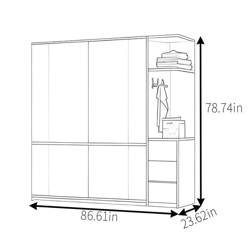 Garde-robe simple à pousser et tirer rétro, H 78,74 po x l 86,61 po x P 23,62 po