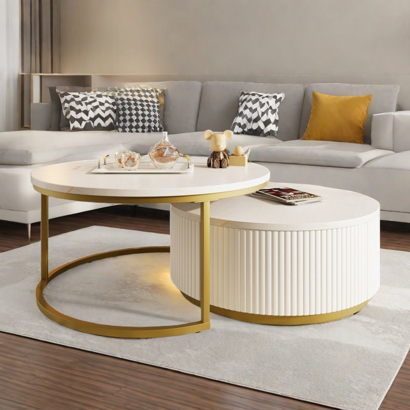 Round Nesting Colton Coffee Table With Fluted Design And 1 Drawer, White