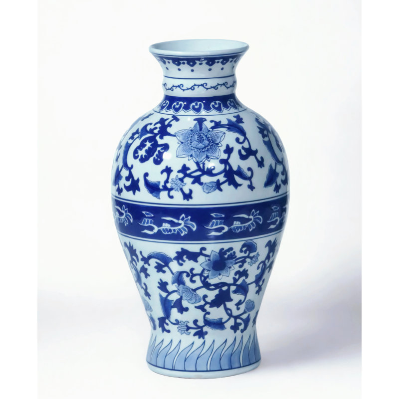 17" Porcelain Vase with Floral Design, Blue/White