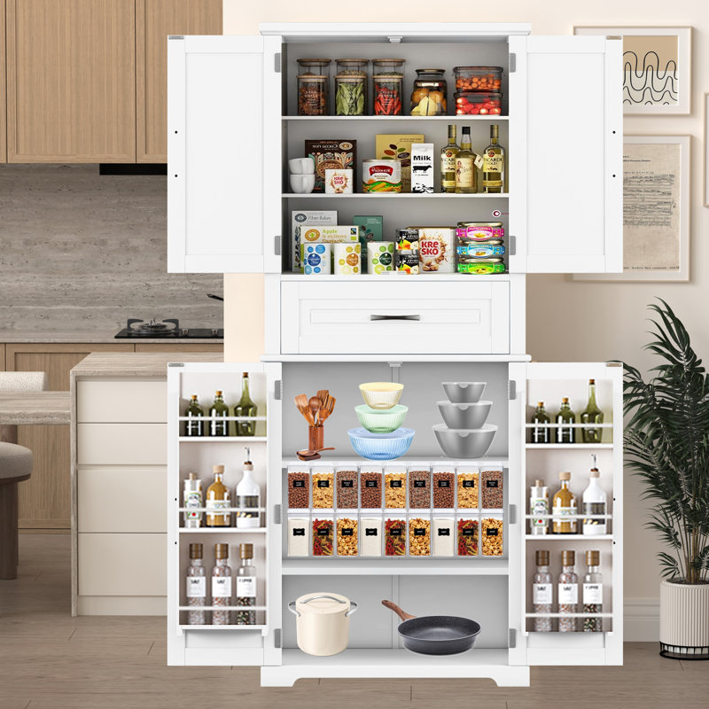 Kitchen Pantry Storage Cabinet With Multi-Functional Storage Space,The Middle Big Drawer  With Slide Rails, Adjustable Shelf
