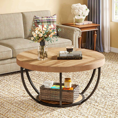 Table basse ronde, table d'appoint moderne à 2 niveaux avec tablettes ouvertes