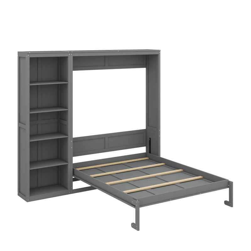 Lit escamotable mural polyvalent avec tablettes intégrées, Gris, Lit double