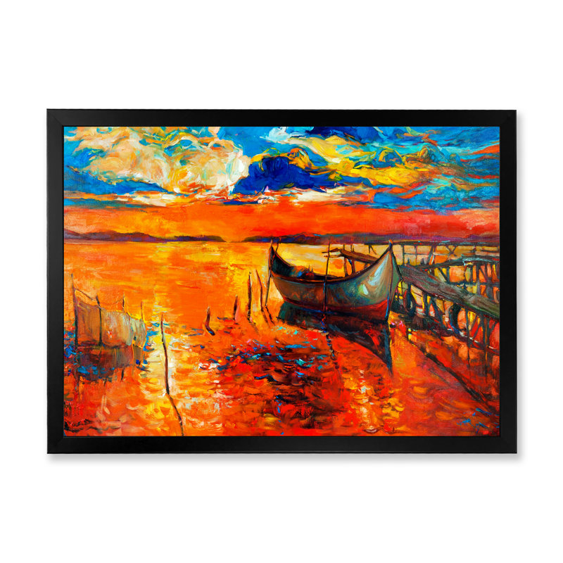 Bateau rouge et jetée, peinture murale décorative nautique et côtière, H 30 po x l 40 po x P 1,5 po, Cadre photo noir