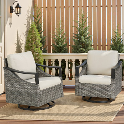 Ensemble de 2 chaises berçantes d'extérieur pivotantes et berçantes d'extérieur en osier gris avec coussins beiges pour le porche ou la cour